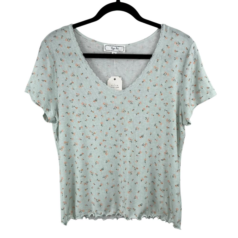 Hippie Rose Mint Ditsy Ribbed Lace Trim Lettuce Hem V-Neck T-Shirt Junior XL NWT